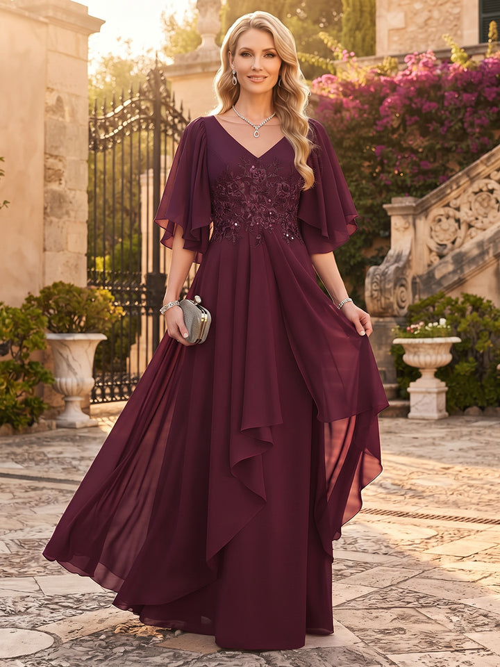 A-Line/Princess V-Neck Short Sleeves Chiffon Floor-Length Mother of the Bride Dresses with Applique&amp;Ruffles