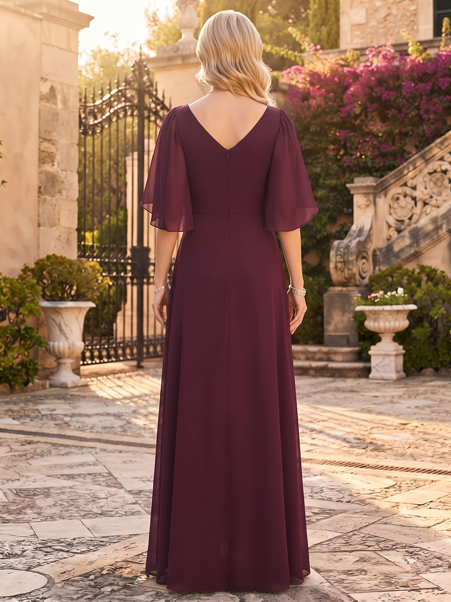 A-Line/Princess V-Neck Short Sleeves Chiffon Floor-Length Mother of the Bride Dresses with Applique&amp;Ruffles