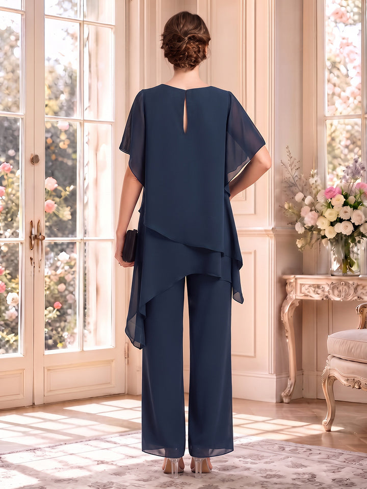 Pantsuits  Scoop Short Sleeves Chiffon Floor-Length Mother of the Bride Dresses with Ruffles