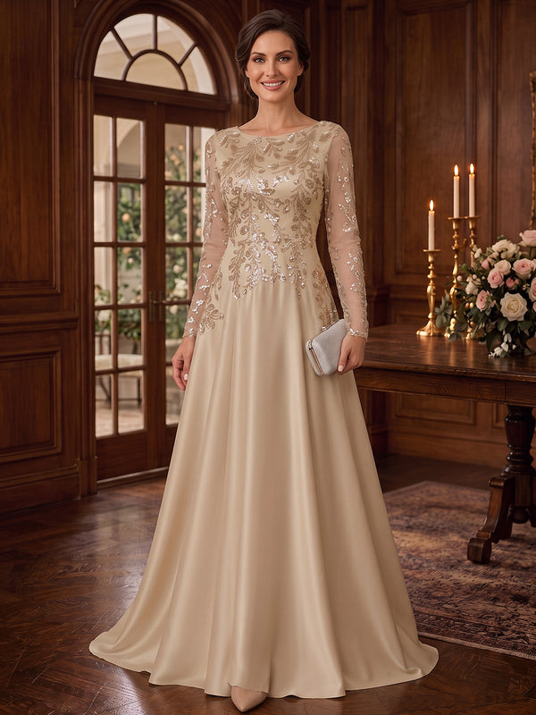 A-Line/Princess Scoop Long Sleeves Satin Sequin Floor-Length Mother of the Bride Dresses with Applique