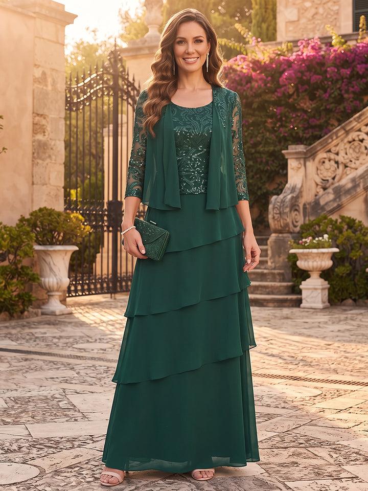 Sheath/Column 2 Pieces Scoop 3/4 Sleeves Chiffon Sequin Floor-Length Mother of the Bride Dresses with Applique&amp;Jacket