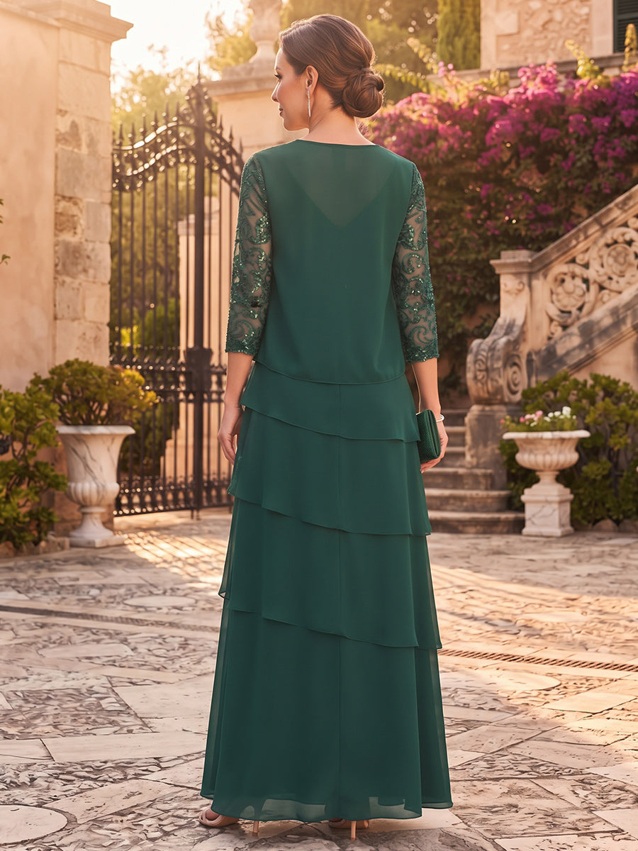 Sheath/Column 2 Pieces Scoop 3/4 Sleeves Chiffon Sequin Floor-Length Mother of the Bride Dresses with Applique&amp;Jacket