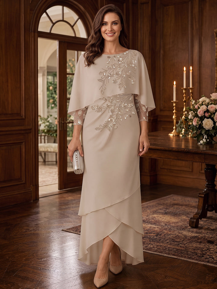 Sheath/Column Scoop Cap Sleeves Chiffon Asymmetrical Mother of the Bride Dresses with Applique&amp;Ruffles