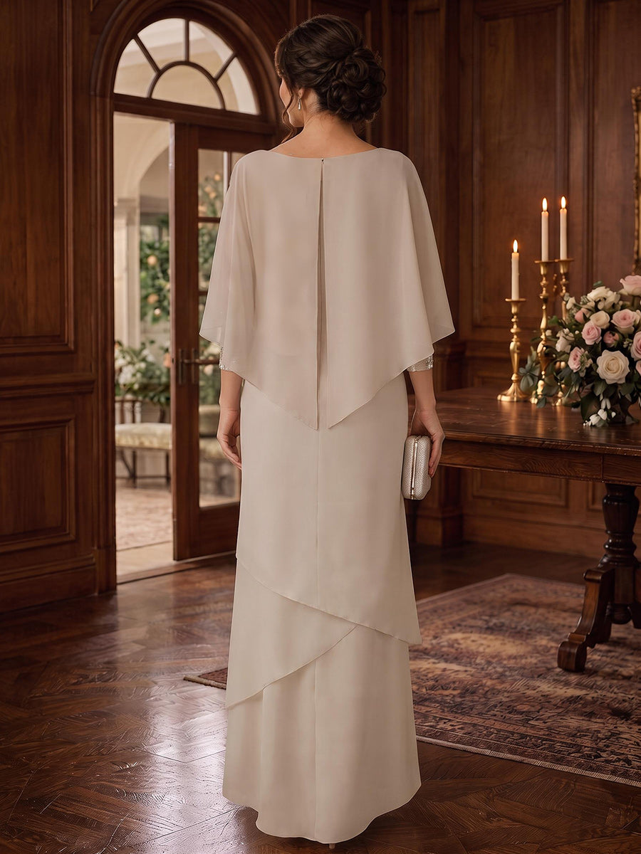 Sheath/Column Scoop Cap Sleeves Chiffon Asymmetrical Mother of the Bride Dresses with Applique&amp;Ruffles