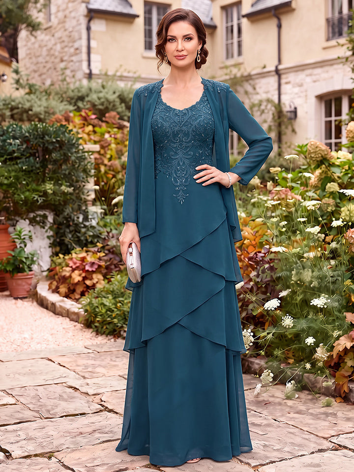 Sheath/Column 2 Pieces Scoop Long Sleeves Chiffon Floor-Length Mother of the Bride Dresses with Applique&amp;Ruffles