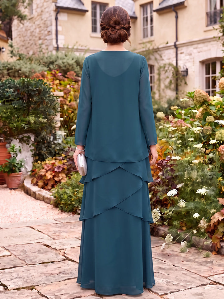 Sheath/Column 2 Pieces Scoop Long Sleeves Chiffon Floor-Length Mother of the Bride Dresses with Applique&amp;Ruffles