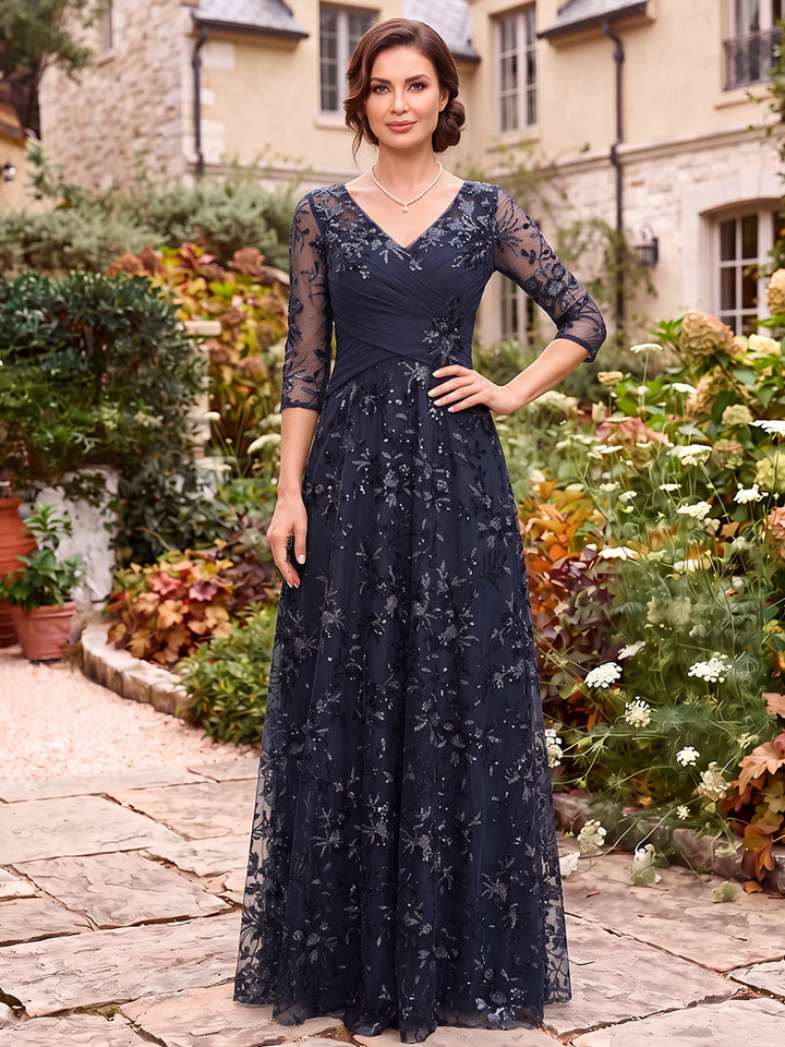 A-Line/Princess V-Neck 3/4 Sleeves Lace Floor-Length Mother of the Bride Dresses with Appliques&amp;Pleats