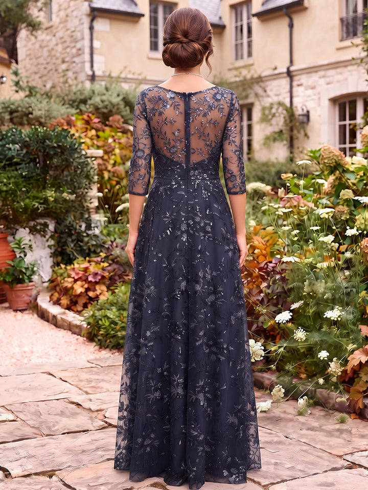 A-Line/Princess V-Neck 3/4 Sleeves Lace Floor-Length Mother of the Bride Dresses with Appliques&amp;Pleats