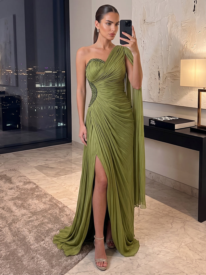 Sheath/Column One-Shoulder Cap Sleeves Chiffon Floor-Length Evening Dresses with Sequins&amp;Pleats