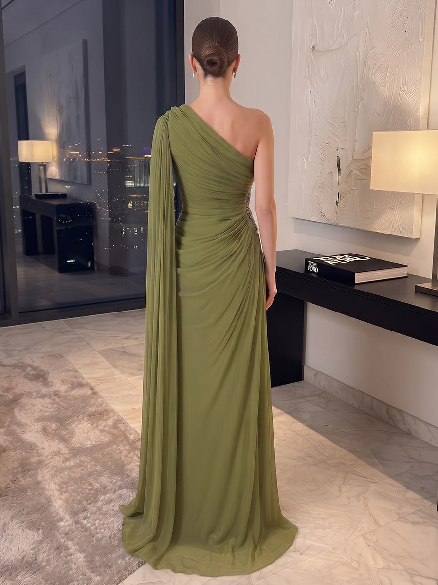 Sheath/Column One-Shoulder Cap Sleeves Chiffon Floor-Length Evening Dresses with Sequins&amp;Pleats