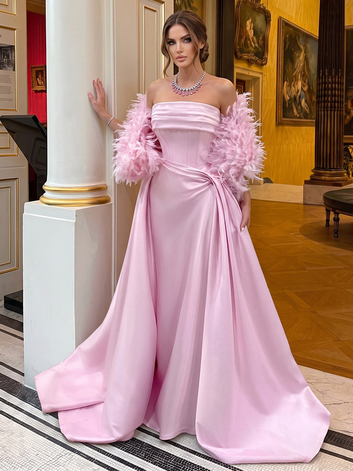 A-Line/Princess Strapless Cap Sleeves Satin Floor-Length Evening Dresses with Feather&amp;Corset