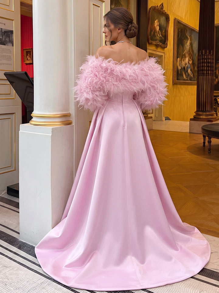 A-Line/Princess Strapless Cap Sleeves Satin Floor-Length Evening Dresses with Feather&amp;Corset