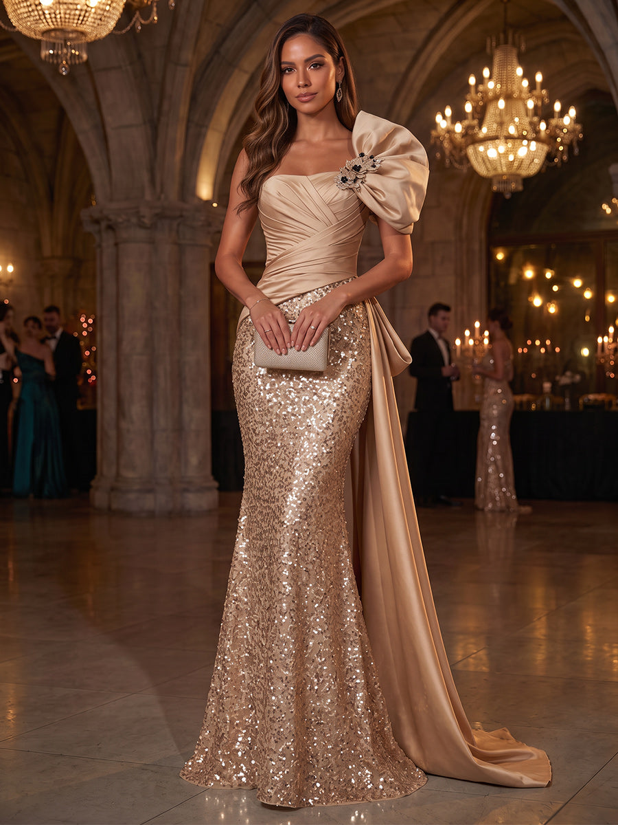 Trumpet/Mermaid One-Shoulder Sleeveless Satin Sequin Floor-Length Evening Dresses with Pleats&amp;3D Flower