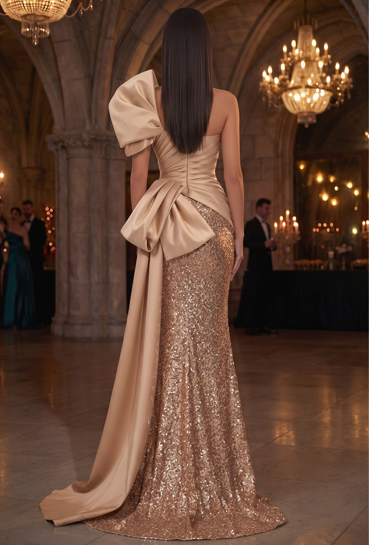 Trumpet/Mermaid One-Shoulder Sleeveless Satin Sequin Floor-Length Evening Dresses with Pleats&amp;3D Flower