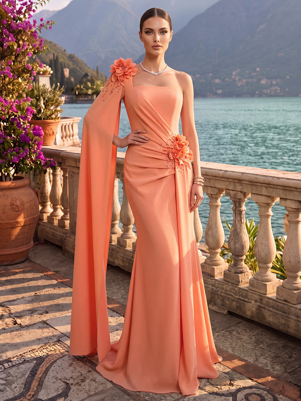 Sheath/Column One-Shoulder Cape Sleeves Satin Floor-Length Evening Dresses with 3D Flower