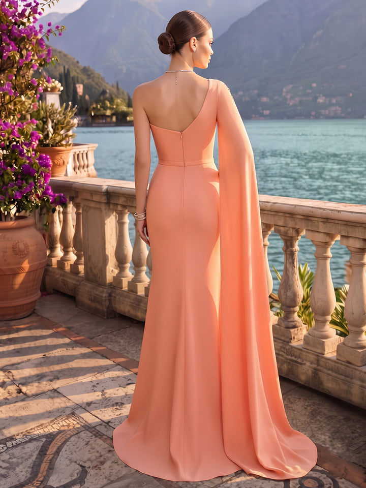 Sheath/Column One-Shoulder Cape Sleeves Satin Floor-Length Evening Dresses with 3D Flower