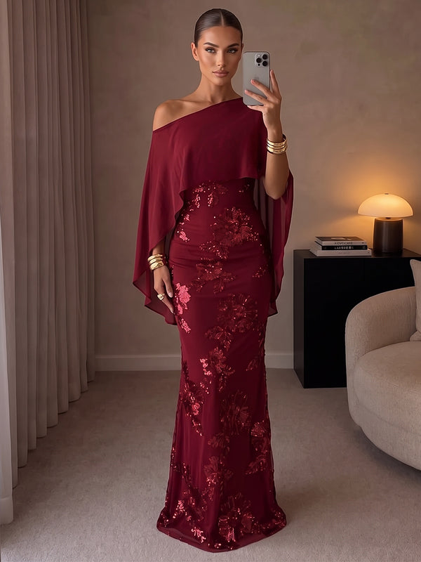 Sheath/Column Off-the-Shoulder Cap Sleeves Chiffon Floor-Length Evening Dresses with Florals