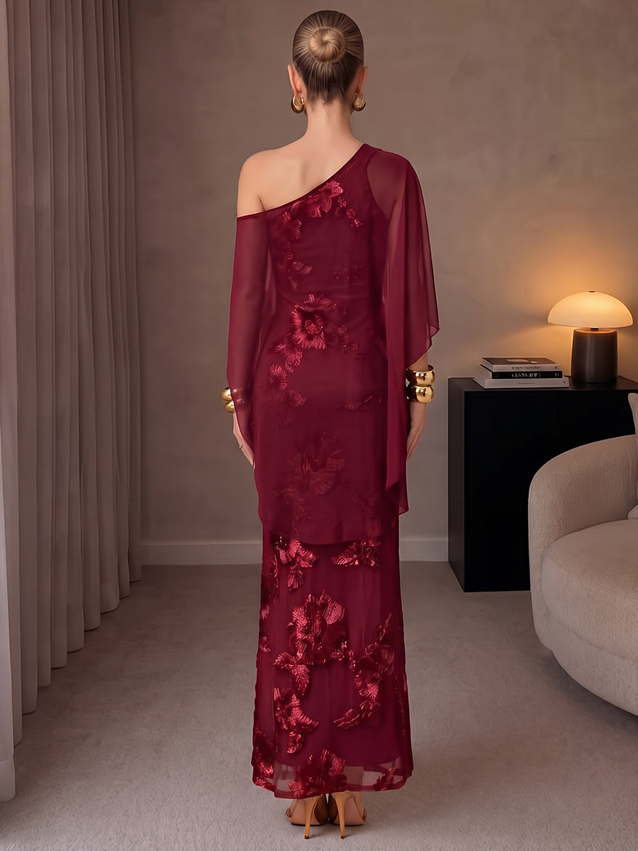 Sheath/Column Off-the-Shoulder Cap Sleeves Chiffon Floor-Length Evening Dresses with Florals