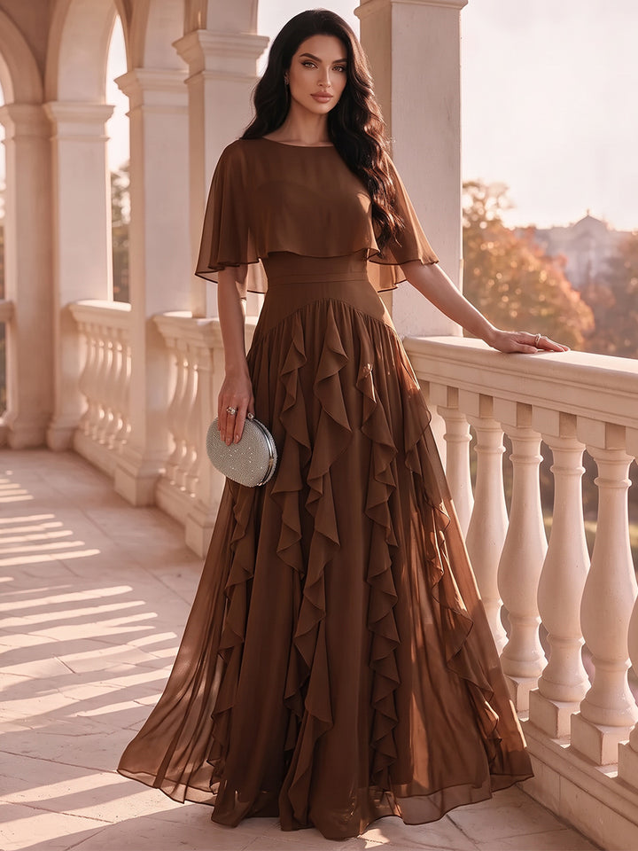 A-Line/Princess Scoop Cap Sleeves Chiffon Floor-Length Evening Dresses with Ruffles