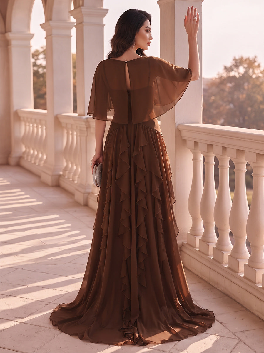 A-Line/Princess Scoop Cap Sleeves Chiffon Floor-Length Evening Dresses with Ruffles