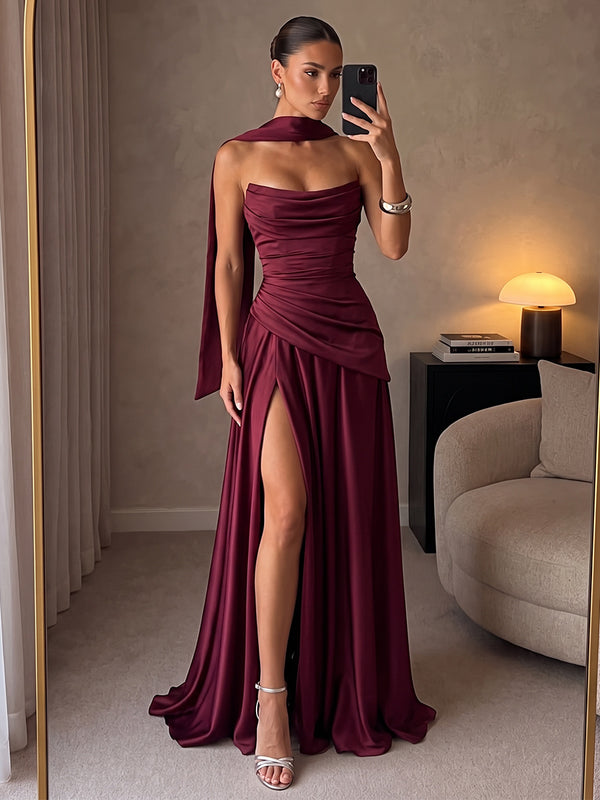 A-Line/Princess Strapless Sleeveless Silk Satin Floor-Length Evening Dresses with Pleats&Corset