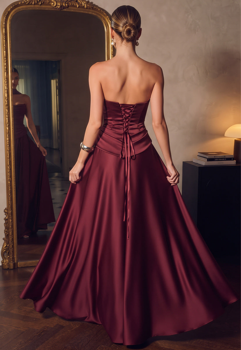A-Line/Princess Strapless Sleeveless Silk Satin Floor-Length Evening Dresses with Pleats&amp;Corset