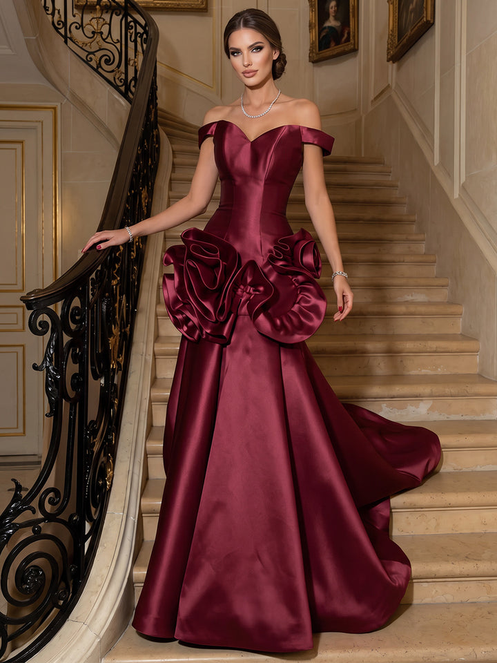 A-Line/Princess Off-the-Shoulder Sleeveless Satin Floor-Length Evening Dresses with Ruffles