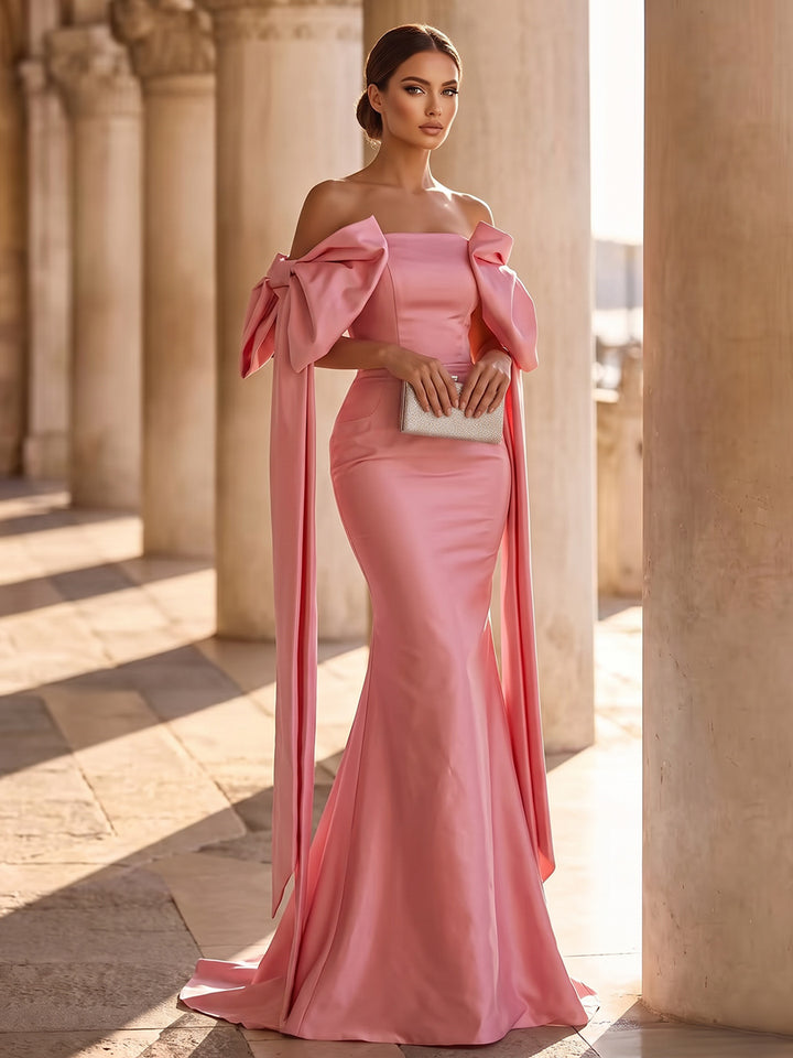Trumpet/Mermaid Off-the-Shoulder Sleeveless Satin Floor-Length Evening Dresses with Bowknots