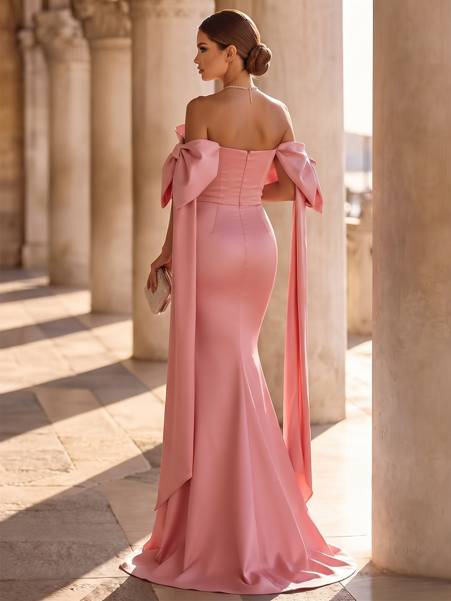 Trumpet/Mermaid Off-the-Shoulder Sleeveless Satin Floor-Length Evening Dresses with Bowknots