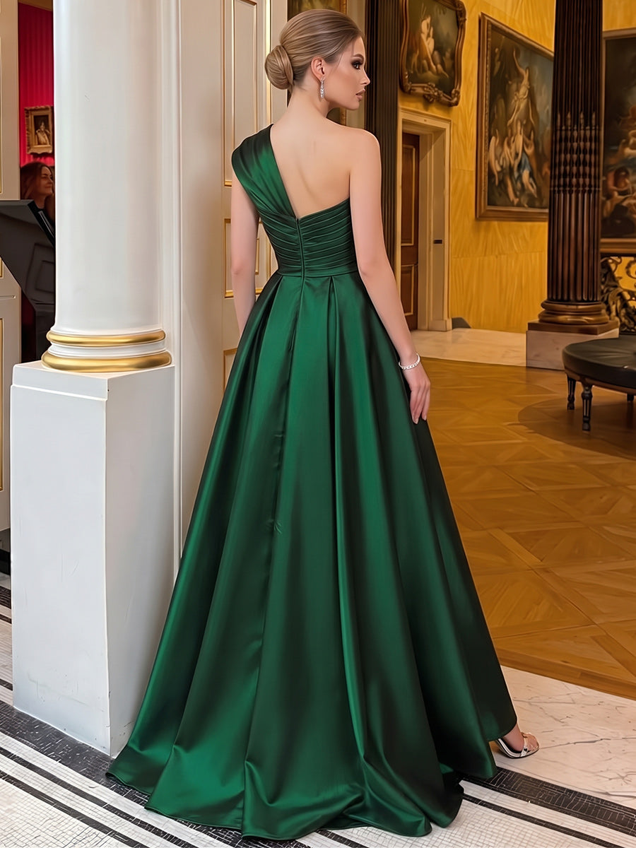 A-Line/Princess One-Shoulder Sleeveless Satin Floor-Length Evening Dresses with Bowknot