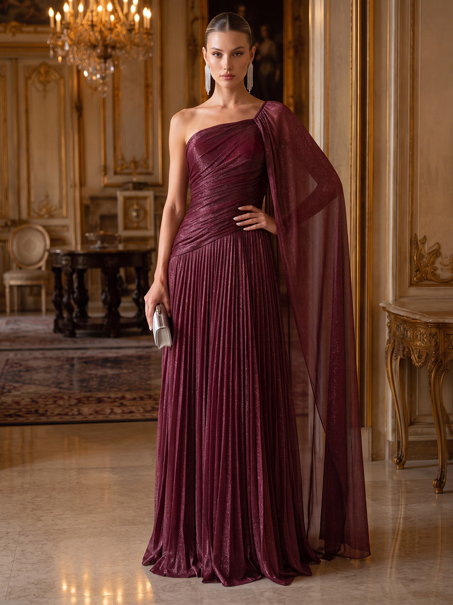 A-Line/Princess One-Shoulder Cap Sleeves Chiffon Floor-Length Evening Dresses with Pleats&amp;Sash
