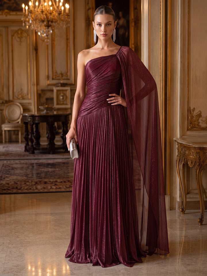 A-Line/Princess One-Shoulder Cap Sleeves Chiffon Floor-Length Evening Dresses with Pleats&amp;Sash