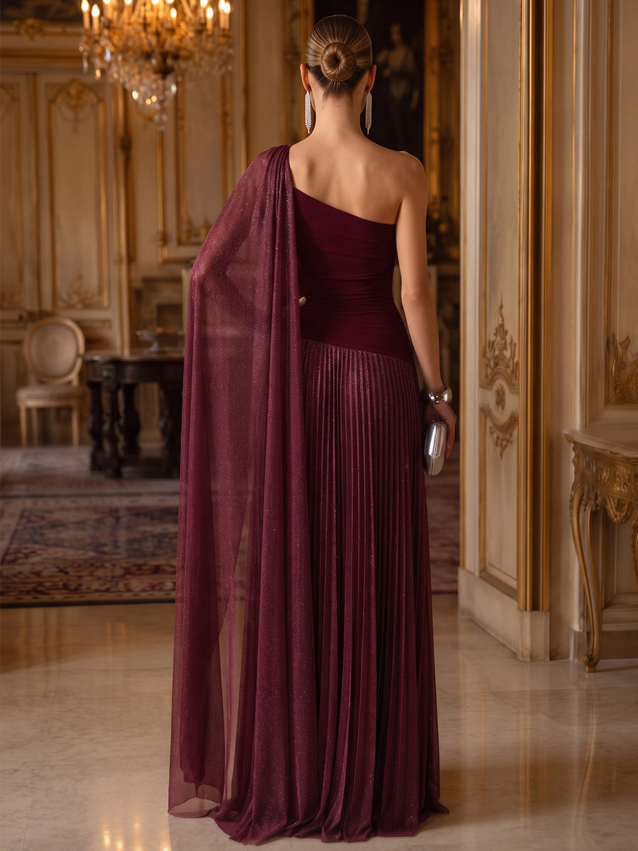 A-Line/Princess One-Shoulder Cap Sleeves Chiffon Floor-Length Evening Dresses with Pleats&amp;Sash