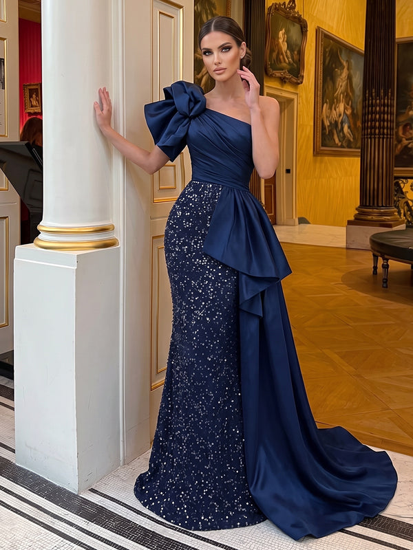 Sheath/Column One-Shoulder Sleeveless Satin Sequin Floor-Length Evening Dresses with Ruffles