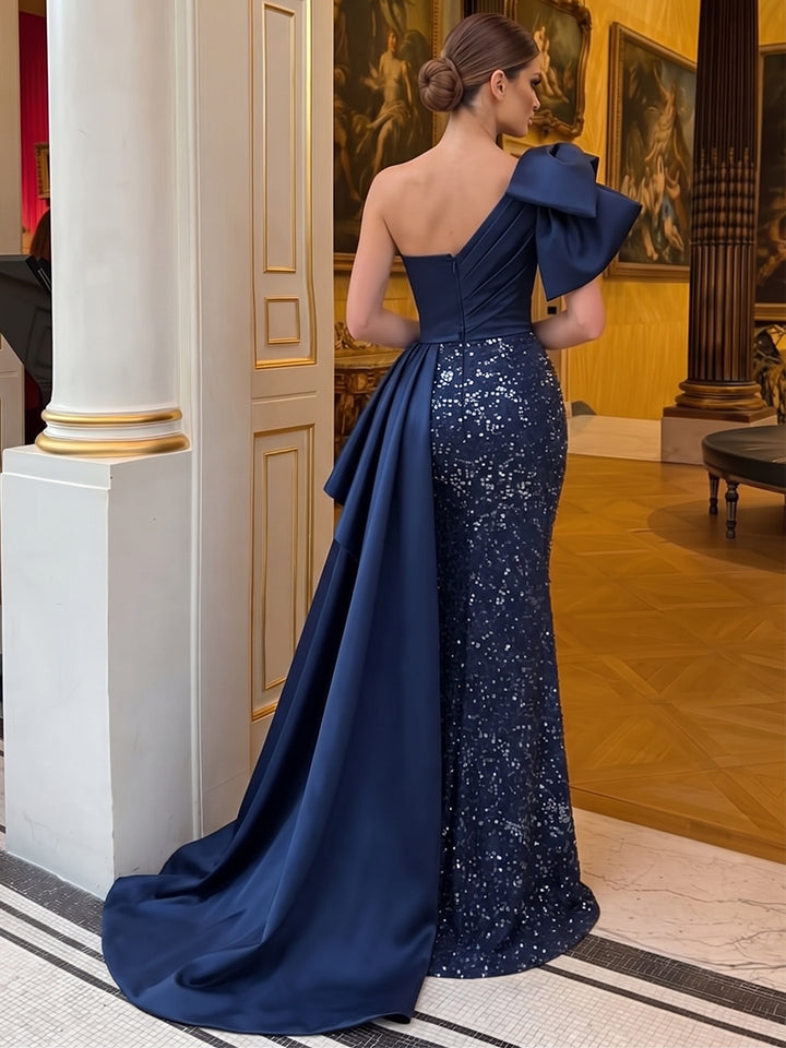 Sheath/Column One-Shoulder Sleeveless Satin Sequin Floor-Length Evening Dresses with Ruffles