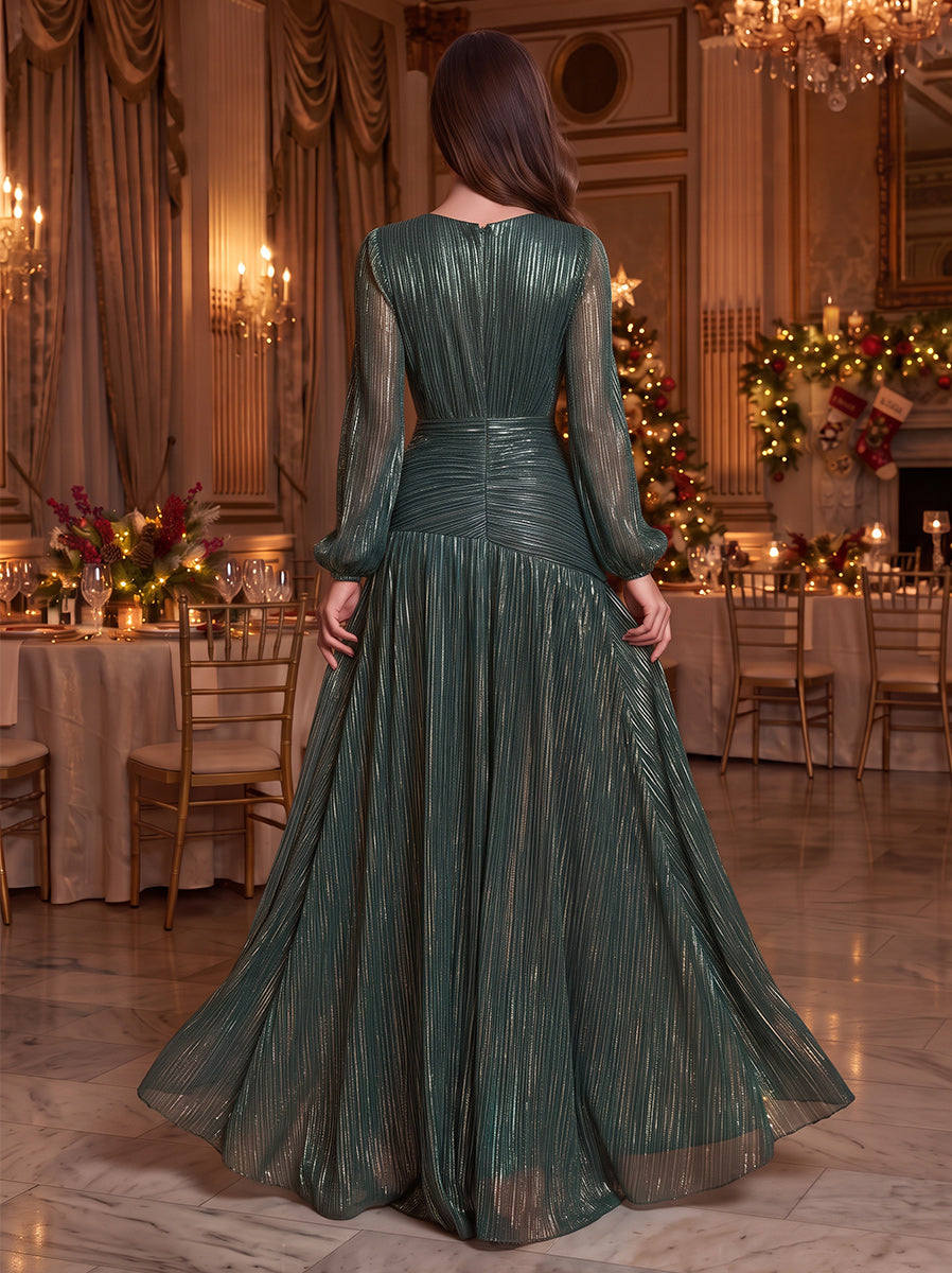 A-Line/Princess Scoop Long Sleeves Chiffon Floor-Length Evening Dresses with Pleats