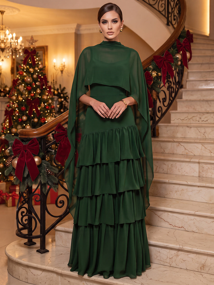 A-Line/Princess High Neck Cap Sleeves Chiffon Floor-Length Evening Dresses with Ruffles&amp;Tiered
