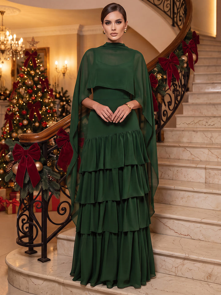 A-Line/Princess High Neck Cap Sleeves Chiffon Floor-Length Evening Dresses with Ruffles&amp;Tiered