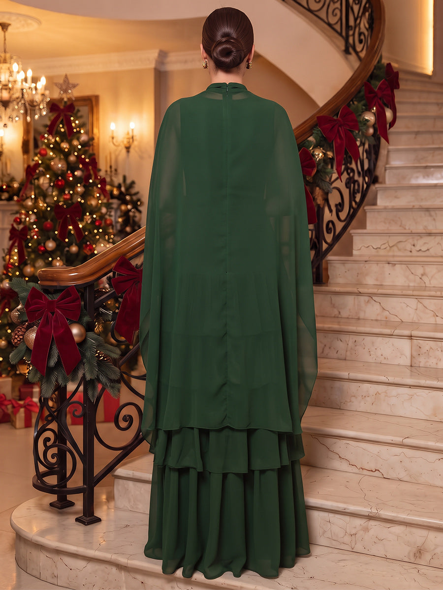 A-Line/Princess High Neck Cap Sleeves Chiffon Floor-Length Evening Dresses with Ruffles&amp;Tiered
