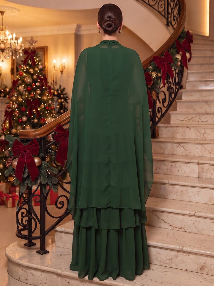 A-Line/Princess High Neck Cap Sleeves Chiffon Floor-Length Evening Dresses with Ruffles&amp;Tiered