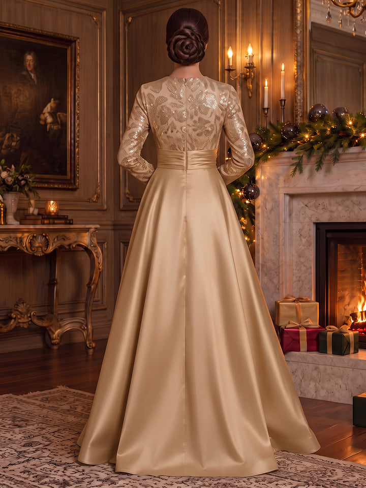 A-Line/Princess Scoop Long Sleeves Sequin Satin Floor-Length Evening Dresses with Applique
