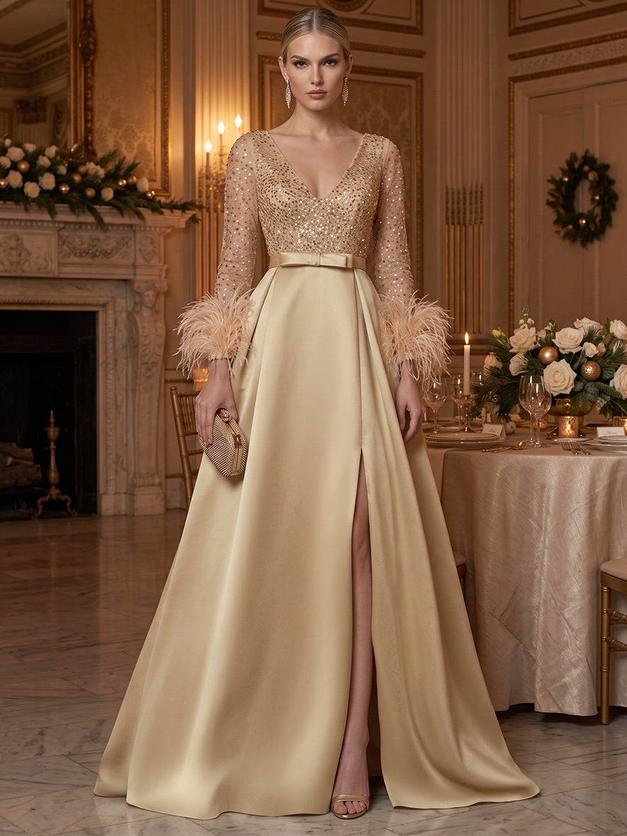 A-Line/Princess V-Neck Long Sleeves Sequin Satin Floor-Length Evening Dresses with Feathers&amp;Belt
