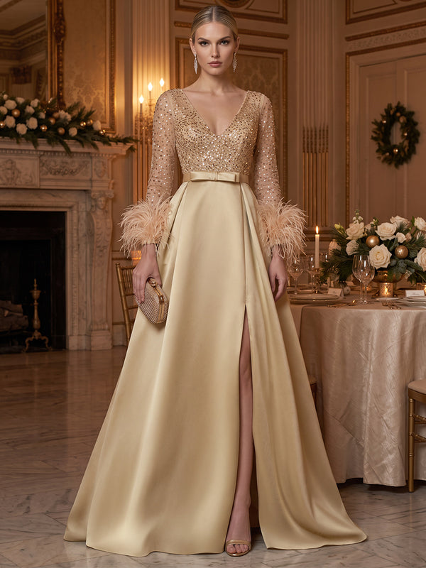 A-Line/Princess V-Neck Long Sleeves Sequin Satin Floor-Length Evening Dresses with Feathers&Belt