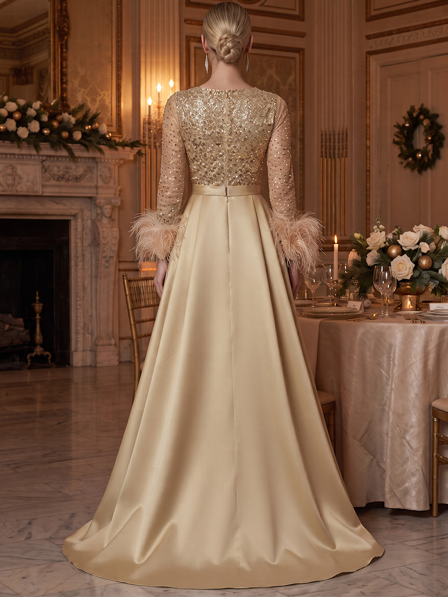 A-Line/Princess V-Neck Long Sleeves Sequin Satin Floor-Length Evening Dresses with Feathers&amp;Belt