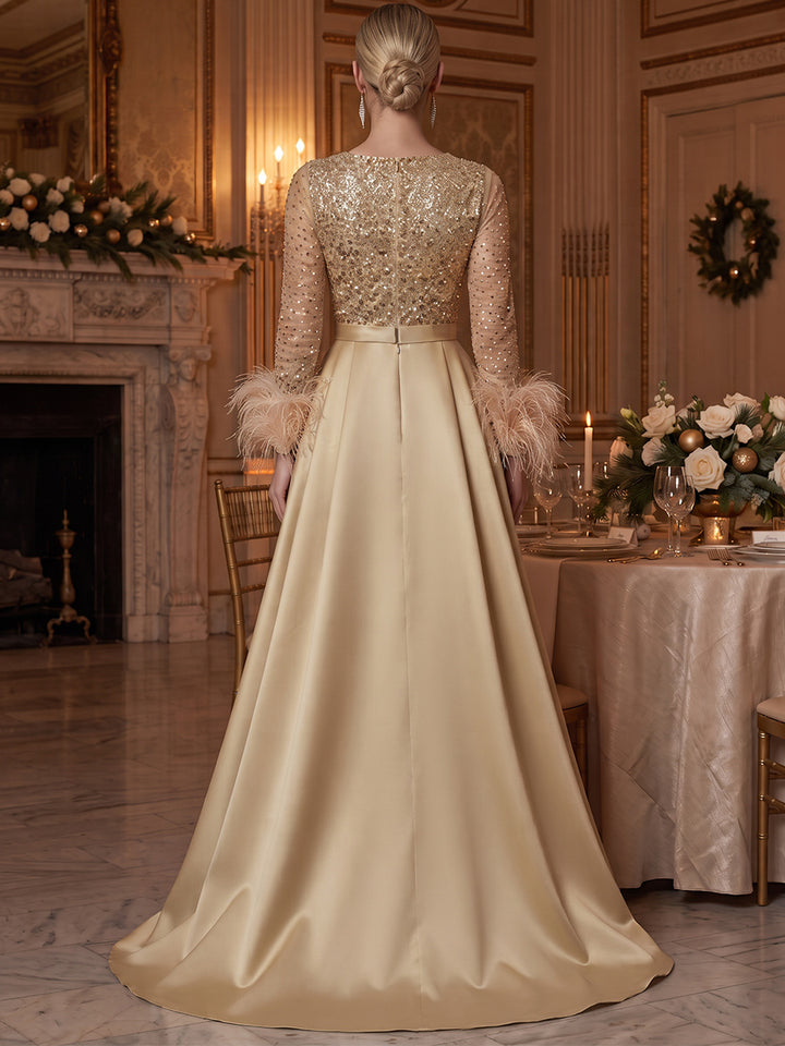 A-Line/Princess V-Neck Long Sleeves Sequin Satin Floor-Length Evening Dresses with Feathers&amp;Belt