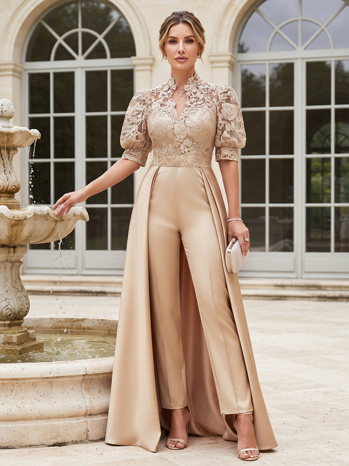 Jumpsuits V-Neck Puffy Sleeves  Satin Floor-Length Mother of the Bride Dresses with Lace