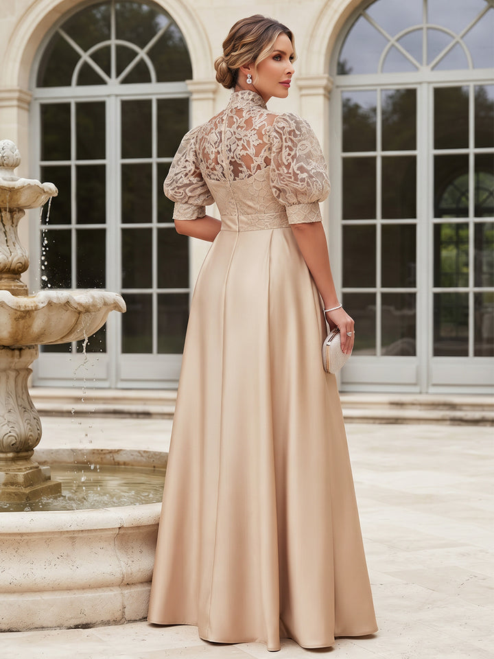 Jumpsuits V-Neck Puffy Sleeves  Satin Floor-Length Mother of the Bride Dresses with Lace