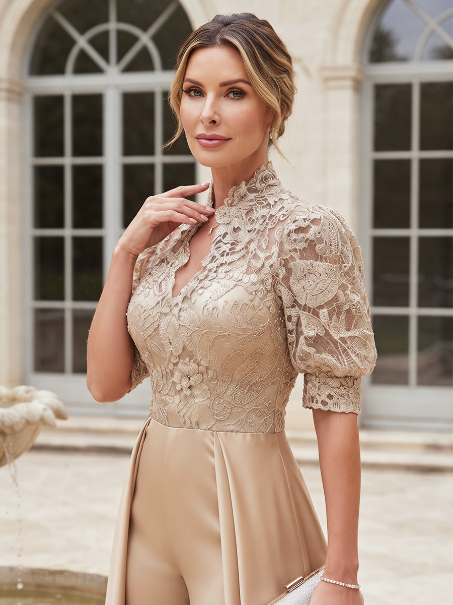 Jumpsuits V-Neck Puffy Sleeves  Satin Floor-Length Mother of the Bride Dresses with Lace