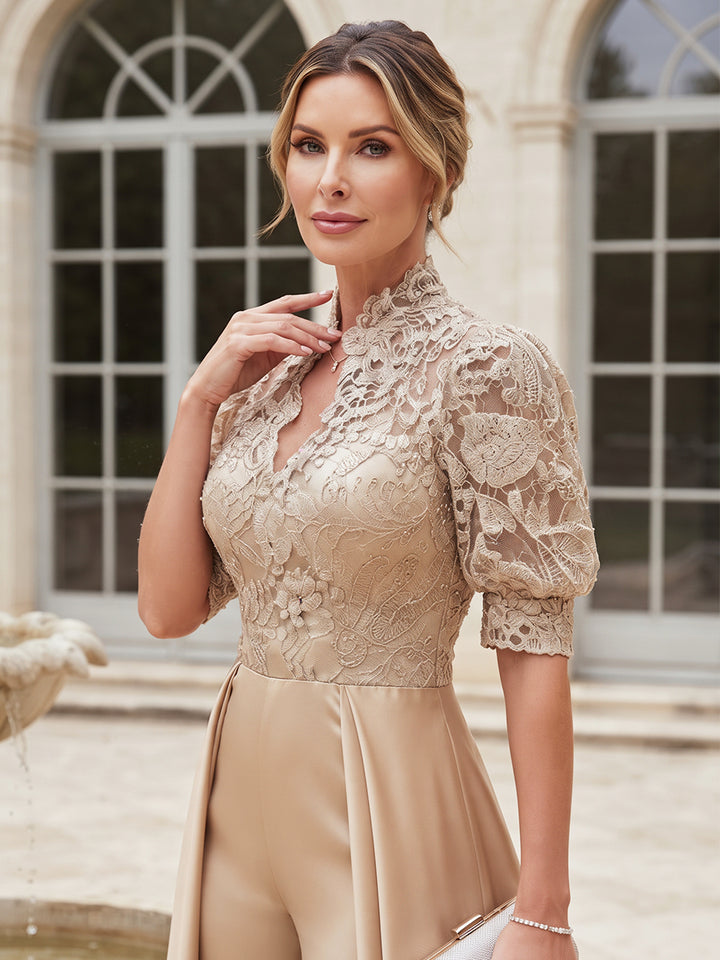Jumpsuits V-Neck Puffy Sleeves  Satin Floor-Length Mother of the Bride Dresses with Lace