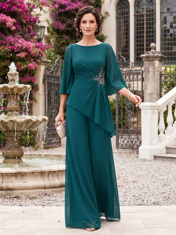 Pantsuits 2 Pieces  Scoop 3/4 Sleeves Chiffon Floor-Length Mother of the Bride Dresses with Applique